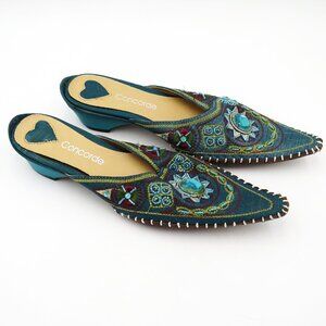 Concorde Turquoise Moroccan Style Embroidered and Jeweled Low Heel Mule Size 37